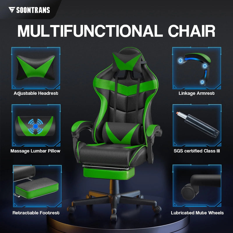 Gaming Chair Computer Chair with Footrest, Office Chair with Lumbar Massage Pillow, Racing Ergonomic Game Chair , Swivel Gamers Chair for Adults Kids, Green - Puck's