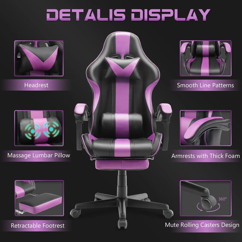 Gaming Chair with Footrest, Office Computer Chair with Massage Lumbar Pillow and Headrest, Swivel Leather Gamer Chairs for Adults Kids, Purple - Puck's