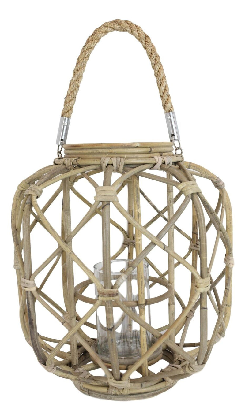 15"H Rustic Farmhouse Brown Woven Rattan Candle Lantern with Jute Rope Handle - Puck's