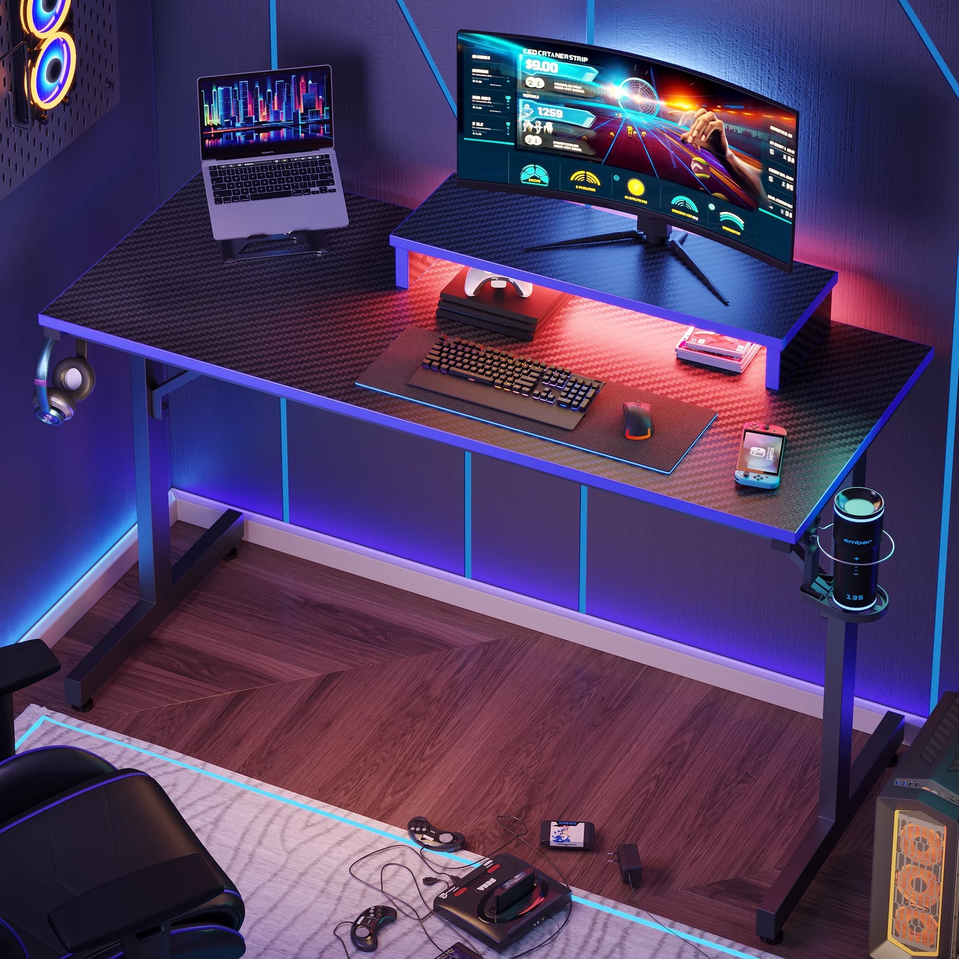 42" Gaming Desk PC Computer Table with LED Lights & Monitor Stand & Hook & Cup Holder in Blue - Puck's