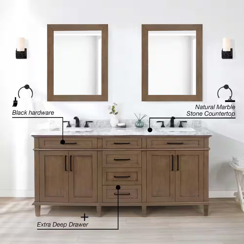 Sonoma 72 In. Double Sink Almond Latte Bath Vanity with Carrara Marble Top (Assembled) - Puck's