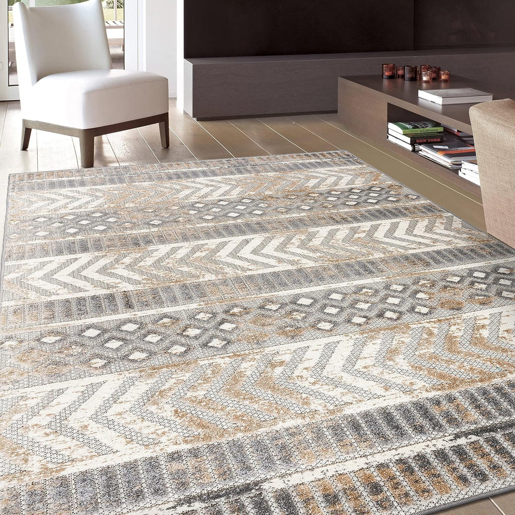 Distressed Geometric Indoor/Outdoor Area Rug 7'10" X 10' Beige - Puck's