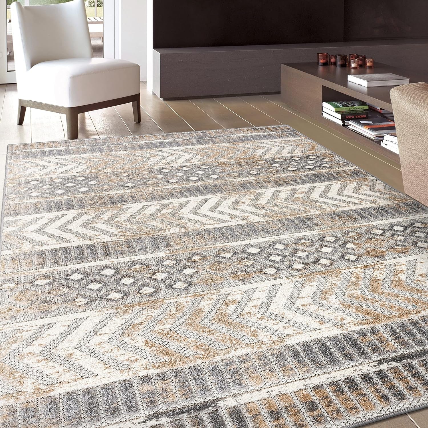 Distressed Geometric Indoor/Outdoor Area Rug 7'10" X 10' Beige - Puck's