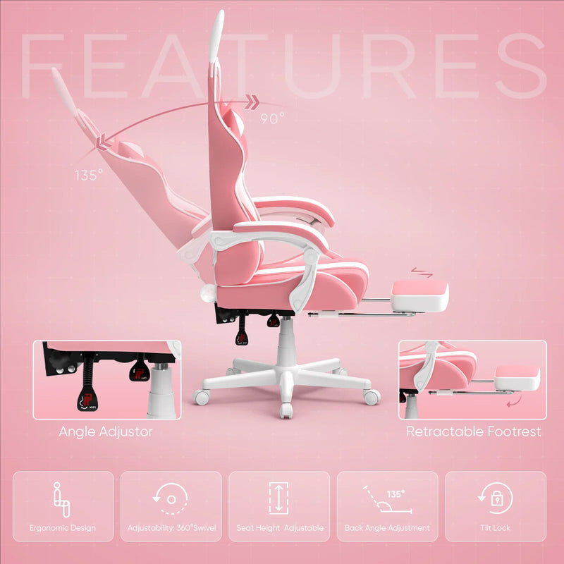 Pink Gaming Chair with Footrest, Ergonomic Game Gamer Chair with Massage Lumbar Pillow & Adjustable Headrest, High Back Office Computer Cute Bunny Ears for Adults Kids Girls, Light Pink - Puck's