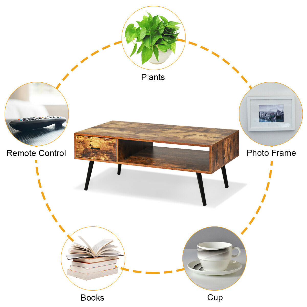 Retro Coffee Table Mid Century Modern Living Room Furniture W/Open Storage Shelf - Puck's
