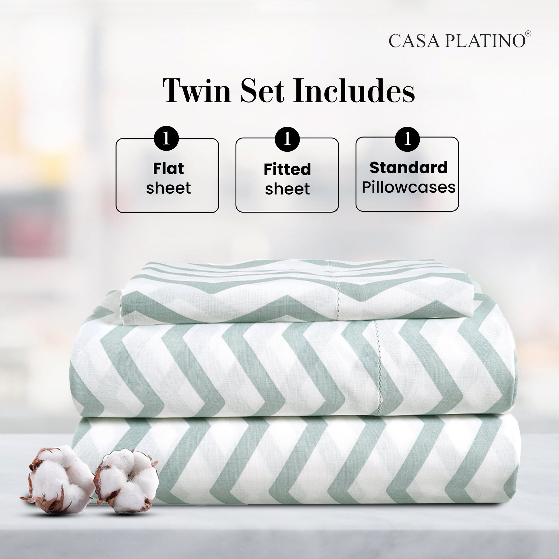 100% Cotton 3 Piece Pure Percale Twin Size Bed Sheets Set, Fits Mattress Upto 15" Deep - Cool Blue Chevron