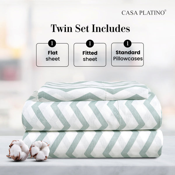100% Cotton 3 Piece Pure Percale Twin Size Bed Sheets Set, Fits Mattress Upto 15" Deep - Cool Blue Chevron