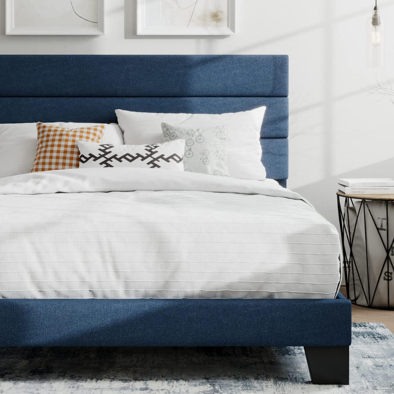 Full Platform Bed Frame with Upholstered Fabric Headboard, Mattress Foundation with Strong Wooden Slats Support, No Box Spring Needed, Blue - Puck's