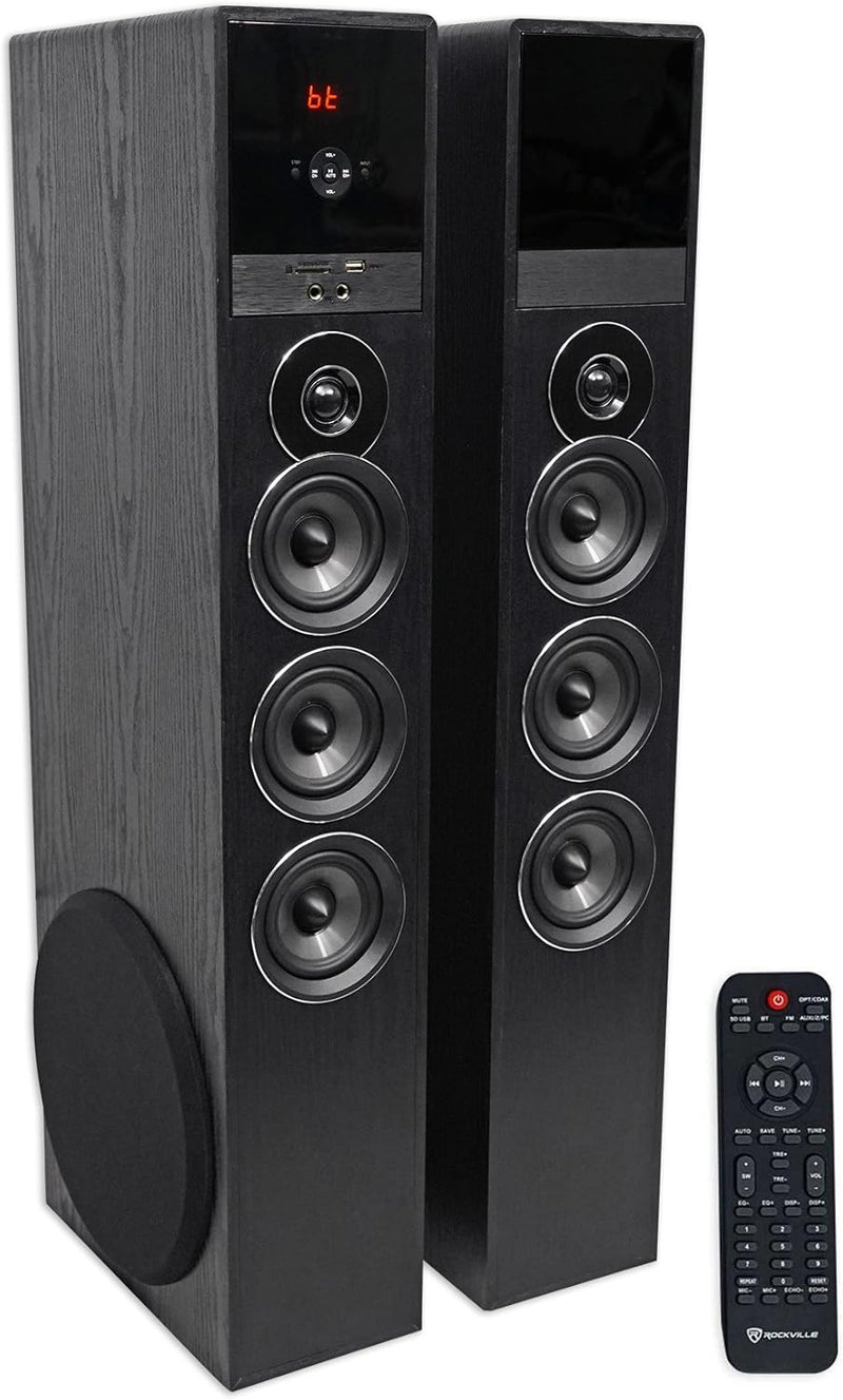 TM150W Powered Home Theater Tower Speaker System, White, 1000W, 10" Subwoofers, Bluetooth, USB/SD Playback, FM Radio, Remote Control, Karaoke Ready, Perfect for Home Entertainment