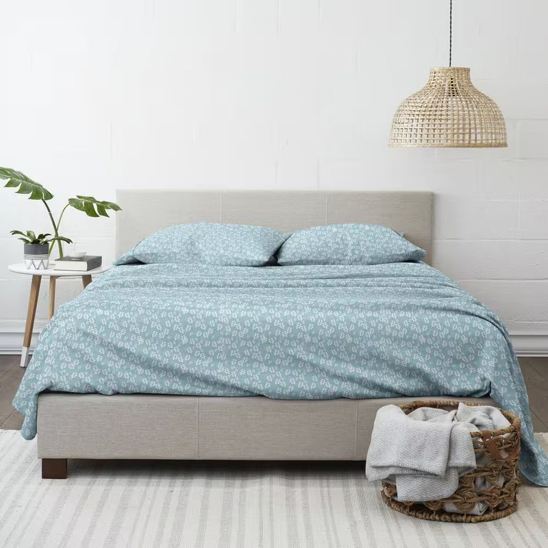4-Piece Pale Blue Floral Microfiber Twin Sheet Set