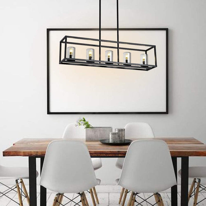 Kitchen Light Fixtures Chandeliers Modern Dining Room Lighting Fixture Hanging Black 5 Light Kitchen Island Cage Pendant Lighting Farmhouse Flush Mount Ceiling Light with Glass Shade - Puck's