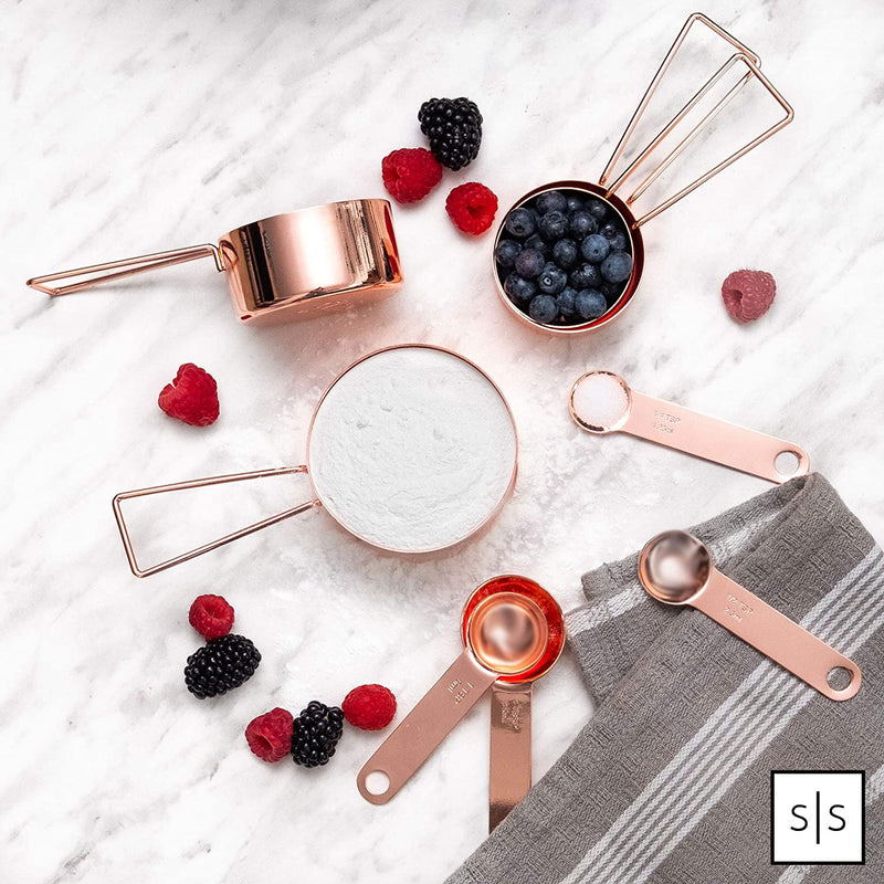 Copper Measuring Cups and Spoons Set – 8-Piece Stackable Stainless Steel Metal Measuring Utensils – Stylish and Sturdy Rose Gold Kitchen Accessories for Baking and Cooking - Puck's