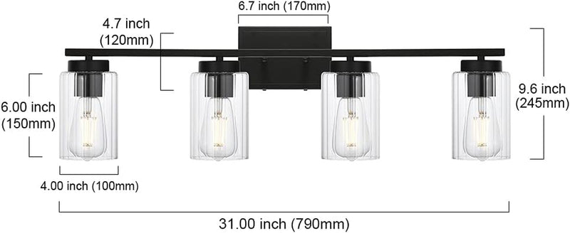 Industrial Bathroom Vanity Light 4 Light Bathroom Lighting Black Finish with Clear Ribbed Glass Shade Wall Lighting Fixtures for Bathroom Hallway Kitchen Living Room. - Puck's
