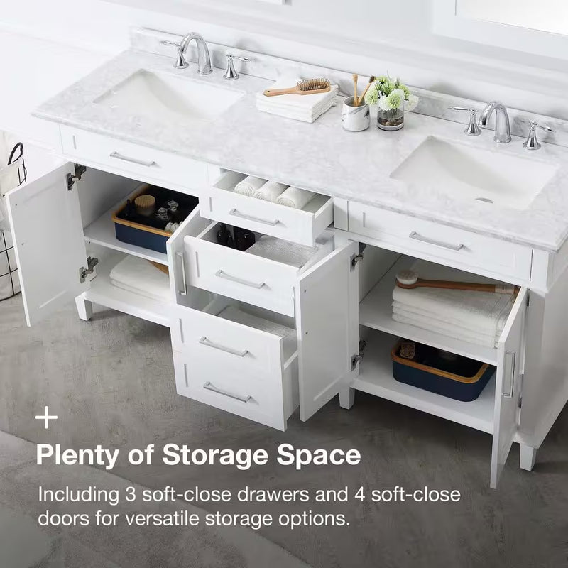 Sonoma 72 In. Double Sink White Bath Vanity with Carrara Marble Top (Assembled) - Puck's