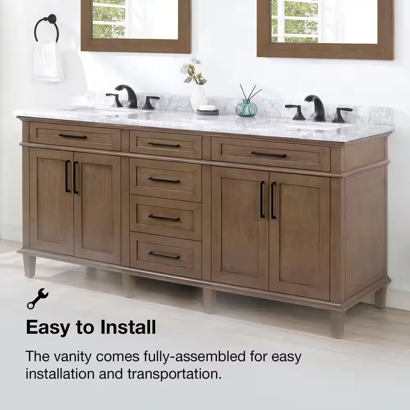 Sonoma 72 In. Double Sink Almond Latte Bath Vanity with Carrara Marble Top (Assembled) - Puck's
