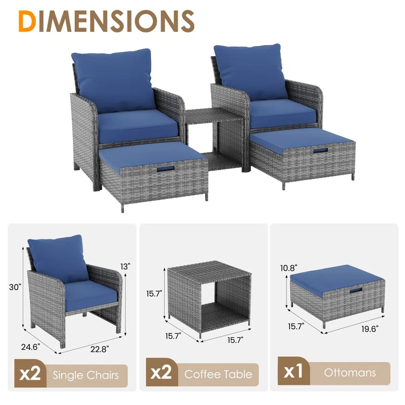 Idamarie 5 Piece PE Wicker Rattan Outdoor Conversation Set with Ottoman - Puck's