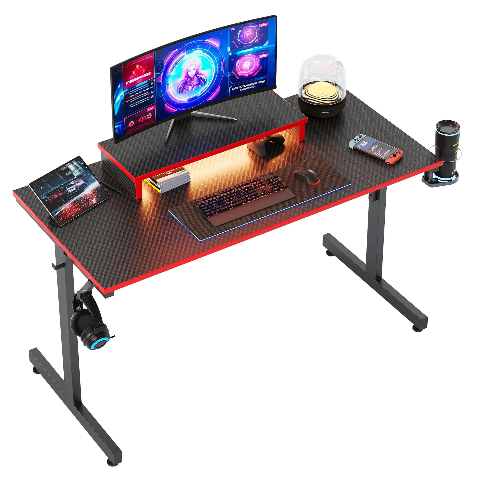 42" Gaming Desk PC Computer Office Gamer Table Desk with LED Lights & Monitor Stand in Red - Puck's