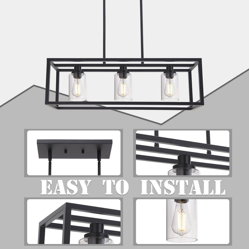Kitchen Island Lighting 3 Lights Farmhouse Chandelier, Black Pendant Lighting with Clear Glass Shade, Dining Room Lighting Fixtures Hanging Rectangle Chandelier Lighting - Puck's