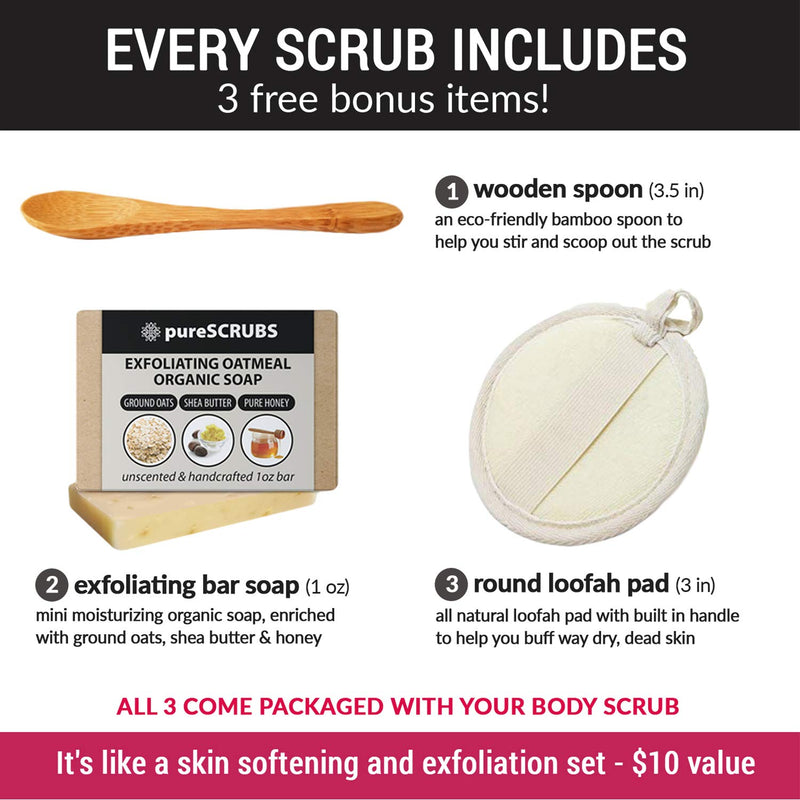 Premium Coconut Body Scrub Set - Large 16Oz Dead Sea Salt Body Scrub with Infused Essential Oils & Nutrients, Includes Wooden Spoon, Loofah & Oatmeal Exfoliating Bar Soap - Puck's