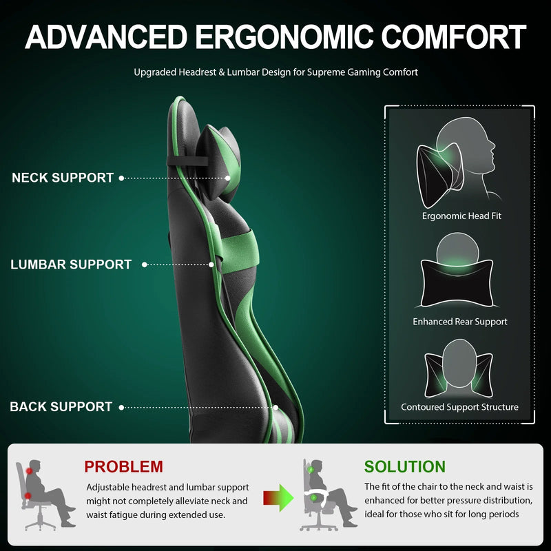 Gaming Chair with Footrest, Ergonomic Swivel Computer Game Chair, Gamer Chair with Headrest & Massage Lumbar Support, Office Desk Chairs, Green - Puck's