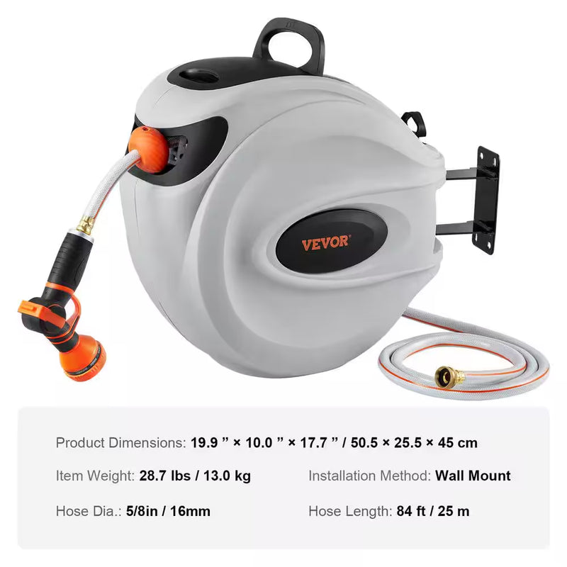 Retractable Hose Reel 5/8 In. Dia X 84 Ft. Garden Water Hose Reel W/9-Pattern Nozzle 180° Swivel Bracket Wall-Mounted - Puck's