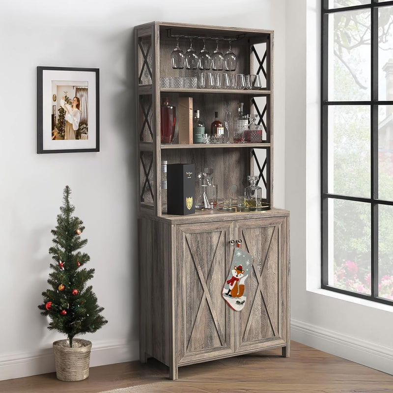 67" Tall Wine Bar Cabinet for Liquor and Glasses, Farmhouse Kitchen - Puck's