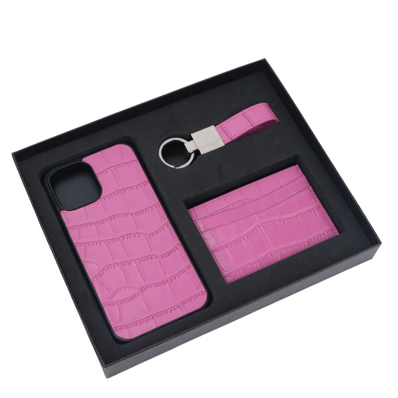 Customized Initials Gift Set Crocodile Pattern Leather Phone Case for Iphone Keychain Card Holder Gift Box Set Business Gift Set - Puck's