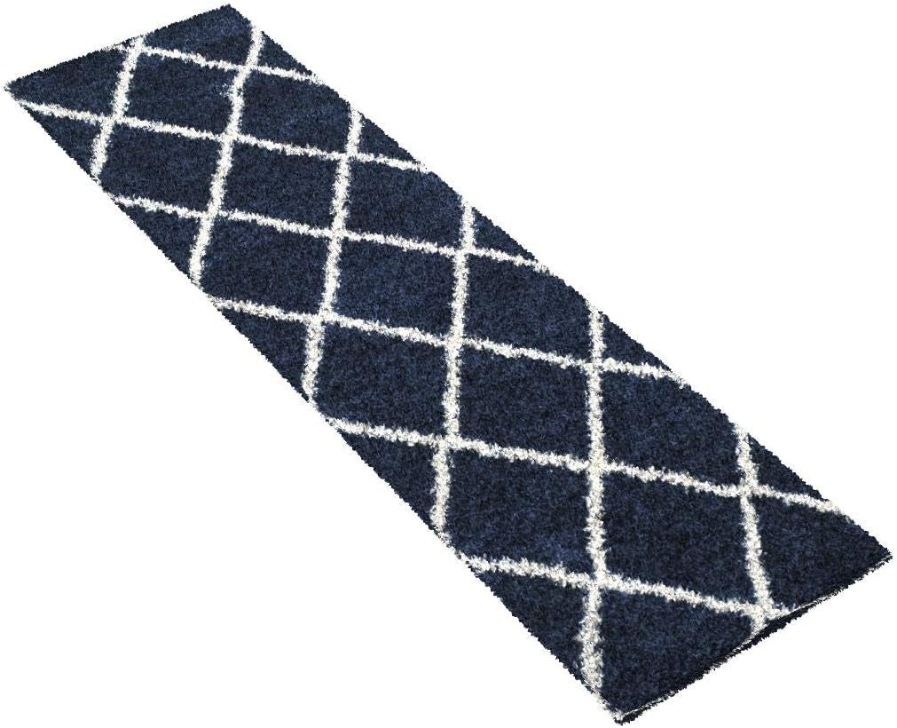 Hudson Shag Collection Runner Rug - 2'3" X 8', Navy & Ivory, Modern Trellis Design, Non-Shedding & Easy Care, 2-Inch Thick Ideal for High Traffic Areas in Living Room, Bedroom (SGH281C) - Puck's