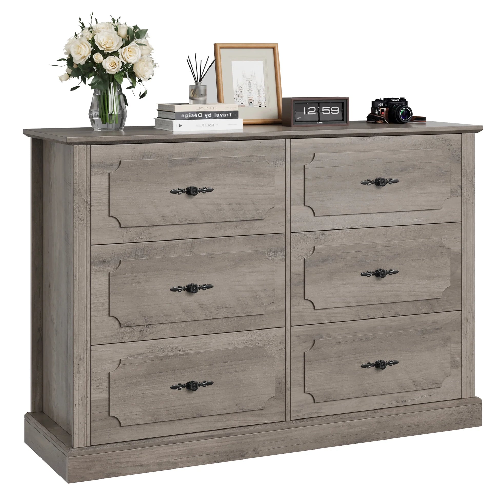 6 Drawer Bedroom Dresser, Farmhouse Wood Storage Drawer Chest Cabinet for Living Room Entryway, Gray - Puck's
