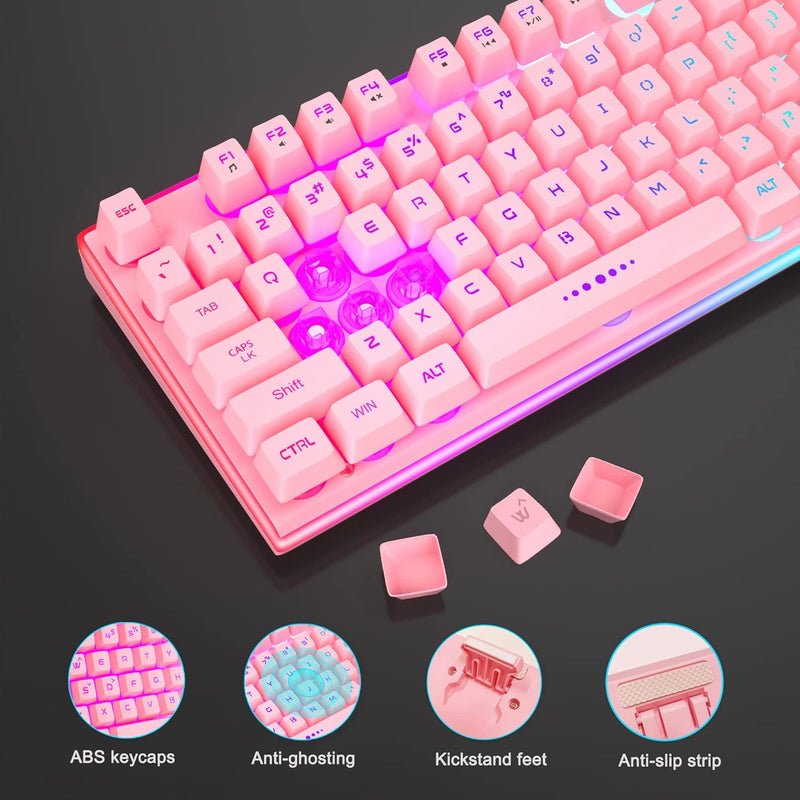 GT838 Gaming Keyboard and Mouse Combo, 104 Keys RGB Backlit Quiet Wired Keyboards for Laptop PC MAC, with Number Pad, Metal Panel, Anti-Ghosting, Pink - Puck's