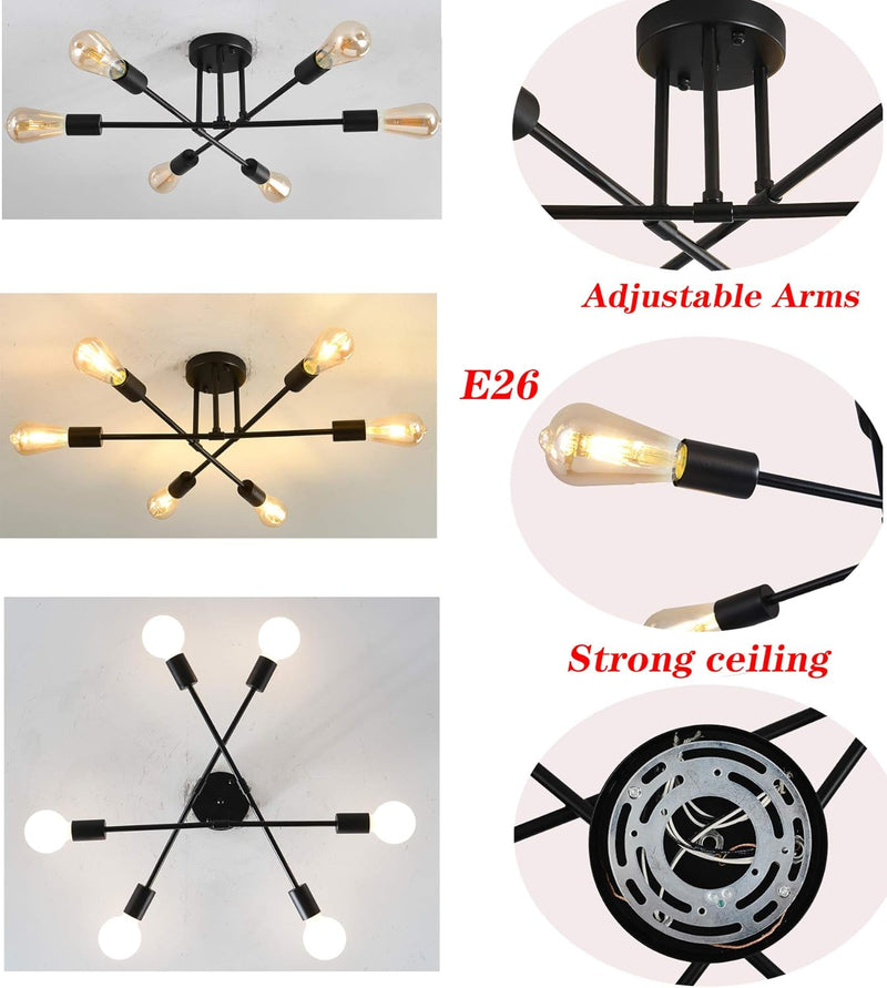 Mid Century Ceiling Light Fixture,Adjustable 6-Light Sputnik Chandelier,Semi-Flush Mount Pendant Lighting,Industrial Vintage Lighting Fixtures Plating Finish for Kitchen Dining Room Bedroom Foyer… - Puck's