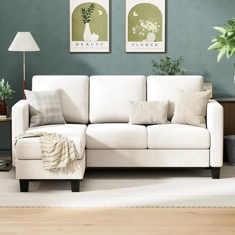 Convertible Sectional Sofa Couch, 3 Seat L-Shaped Sofa with Linen Fabric, Movable Ottoman Small Couch for Small Apartments - Puck's