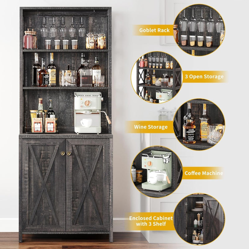 67" Tall Wine Bar Cabinet for Liquor and Glasses, Farmhouse Kitchen - Puck's