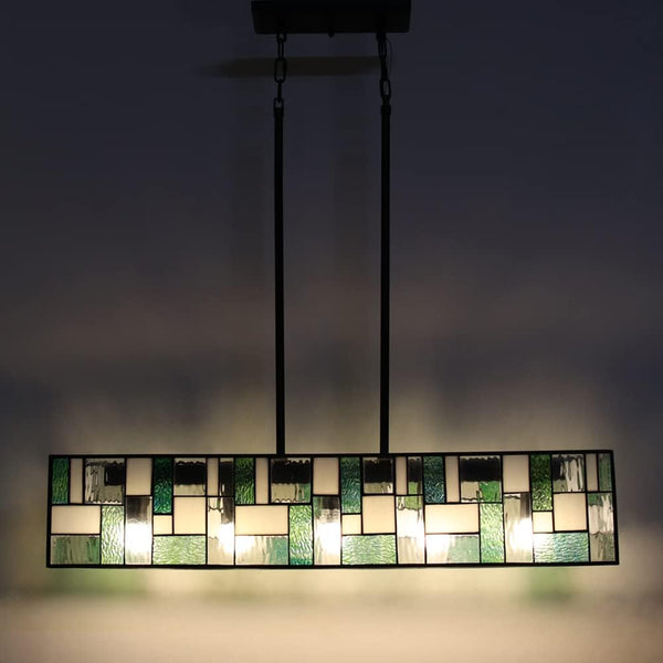 Tiffany Pendant Light Fixtures Pool Table Lights Hanging Chandelier 5 Light Rectangle Green Stained Glass Pendant Lamp for Dining Room Kitchen Island and Bars - Puck's