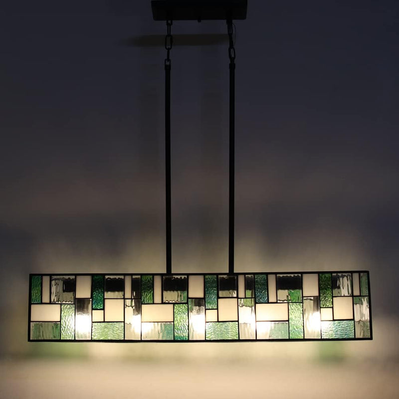 Tiffany Pendant Light Fixtures Pool Table Lights Hanging Chandelier 5 Light Rectangle Green Stained Glass Pendant Lamp for Dining Room Kitchen Island and Bars - Puck's