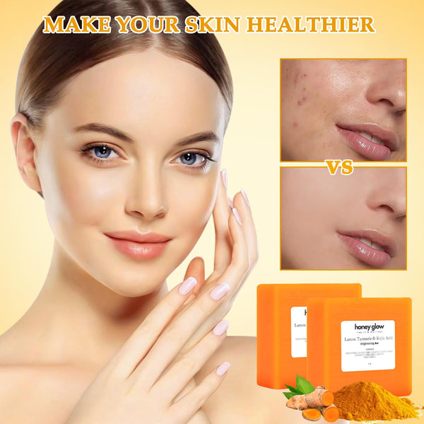 2PCS Honey Glow Lemon Turmeric Kojic Soap Bar, Turmeric Soap Bar for Face and Body, Smooth Skin Tumeric Soap, Natural Turmeric Handmade Soap for All Skin Types - Puck's