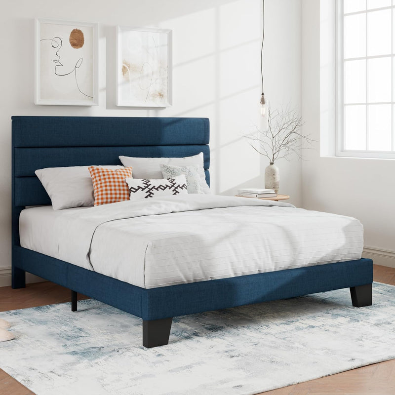 Full Platform Bed Frame with Upholstered Fabric Headboard, Mattress Foundation with Strong Wooden Slats Support, No Box Spring Needed, Blue - Puck's