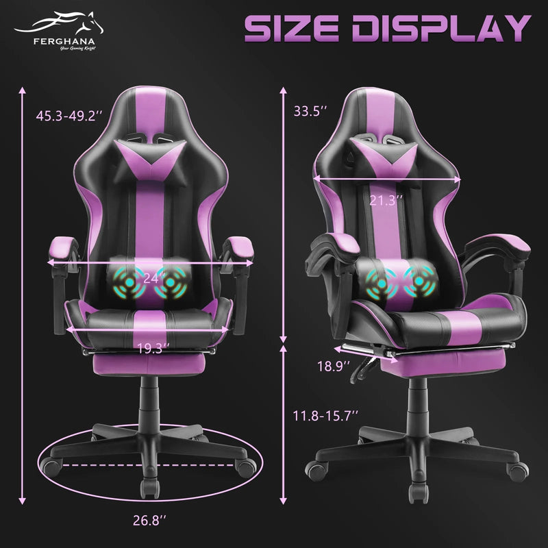 Gaming Chair with Footrest, Office Computer Chair with Massage Lumbar Pillow and Headrest, Swivel Leather Gamer Chairs for Adults Kids, Purple - Puck's
