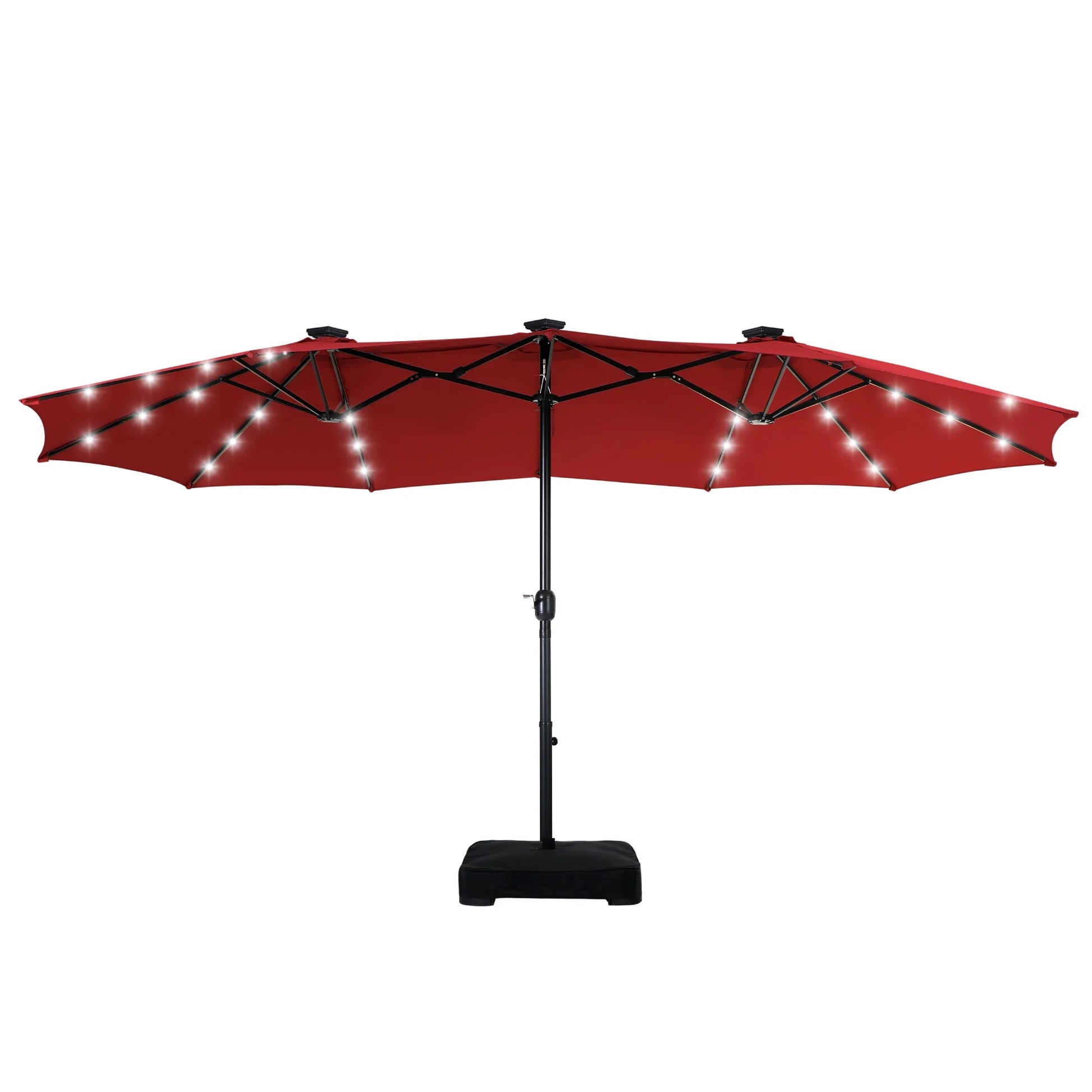 15Ft Double-Sided Solar Patio Umbrella with Base (Included) Large Outdoor Umbrella with Solar Lights - Burgundy - Puck's