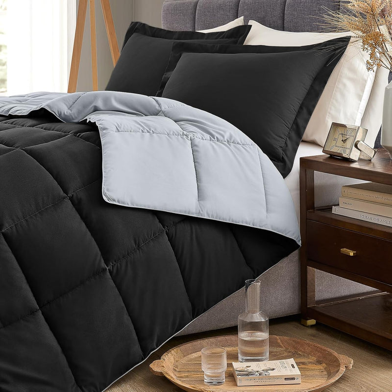 King Size Comforter Set Black, Lightweight Reversible Comforter Sets King Size Bed, Soft down Alternative King Bedding Sets All Season 3 Pcs Bed Set with 2 Shams Black/Light Grey - Puck's