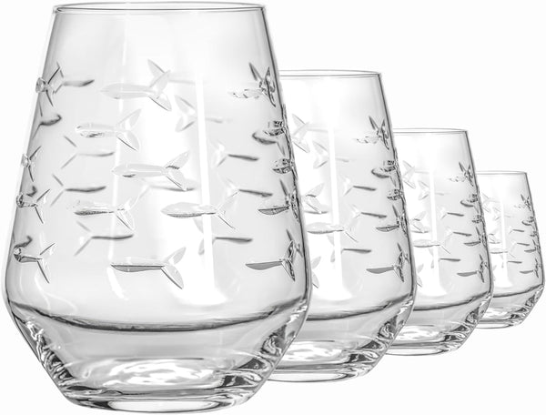 | School of Fish Stemless Tumbler | Stemless Wine Glasses 18Oz | Lead-Free Glass | Engraved and Polished in Pennsylvania | US Made (Set of 4) - Puck's