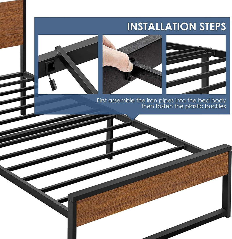 Twin Size Bed Frame, Single Metal Platform Bed with Rustic Wooden Headboard and Footboard, No Box Spring Needed/12 Inch Underbed Storage Space/No Noise/Easy Assembly, Walnut - Puck's