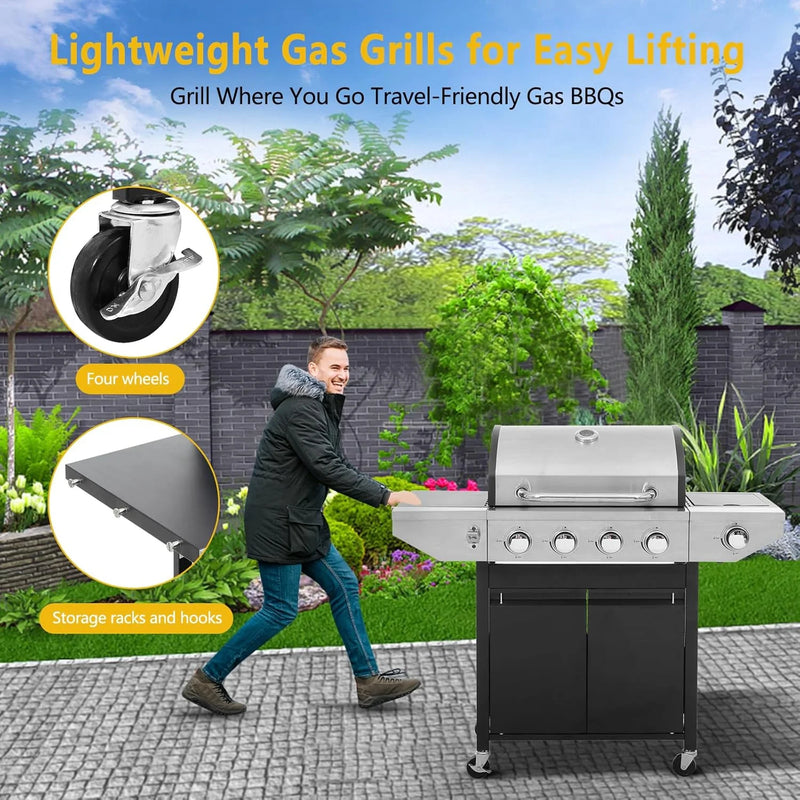 4-Burner Propane Gas Grill with Side Burner, 46700 BTU Porcelain-Enameled Cast Iron Grates Outdoor Cooking Stainless Steel BBQ Grills Cabinet, Black
