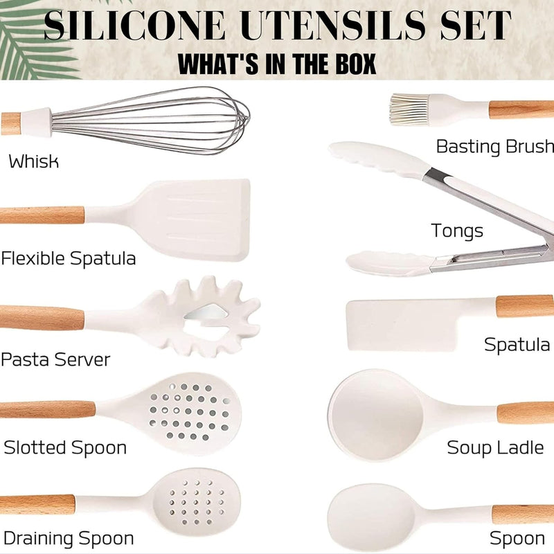 Silicone Kitchen Utensils Set, Heat-Resistant Silicone Utensils for Cooking, Silicone Cooking Utensils, White Utensils Set, Silicone Utensil Set, Silicone Whisk, Cooking Utensils Set - Puck's