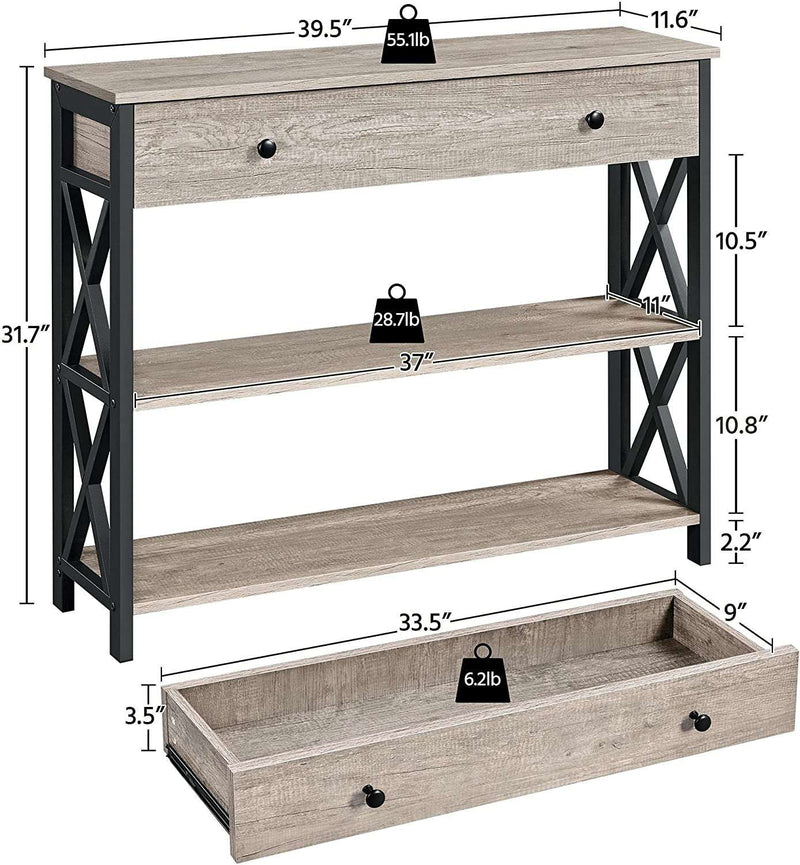 Console Table with Drawer, Entryway Table with 3 Tier Storage Shelves, Narrow Long Sofa Table for Entryway, Living Room, Hallway, Couch, Kitchen, Metal Frame, Gray - Puck's