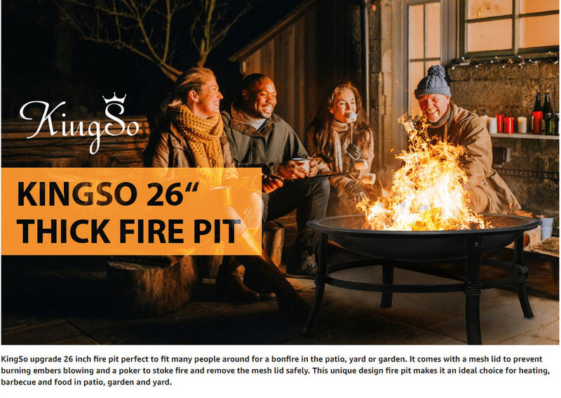 26 Inch Fire Pit for Outdoor round Wood Burning Fire Pit Bowl for Camping Picnic Bonfire Patio outside Backyard Garden Small Bonfire Pit Steel Firepit Bowl with Mesh Screen and Fire Poker - Puck's