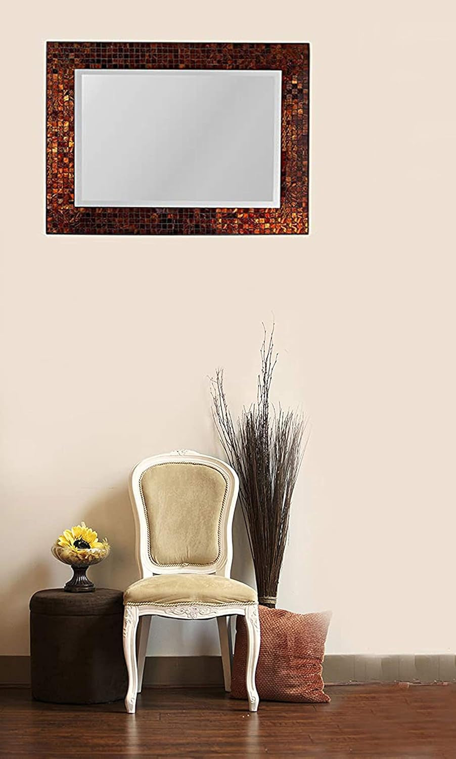 , Decorative Handmade Amber Rectangle Mosaic Beveled Wall Mirror, Frame Measures 31" X 23.5", Beveled Mirror Measures 24" X 15.5" Perfect for Housewarming Gift. (LP307) - Puck's