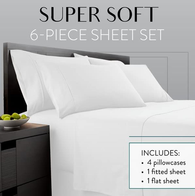 California King Sheet Set - 6 Piece Set Including 4 Pillowcases - Deep Pockets - Breathable, Soft Bed Sheets - Wrinkle Free - Machine Washable - White Cal King Bed Sheets - 6 Pc - Puck's