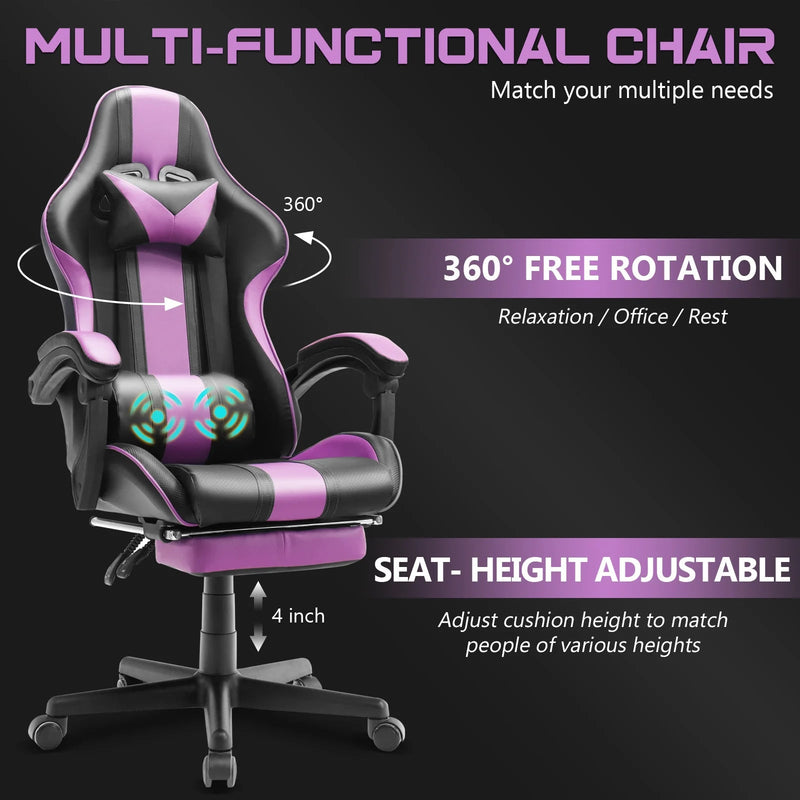 Gaming Chair with Footrest, Office Computer Chair with Massage Lumbar Pillow and Headrest, Swivel Leather Gamer Chairs for Adults Kids, Purple - Puck's