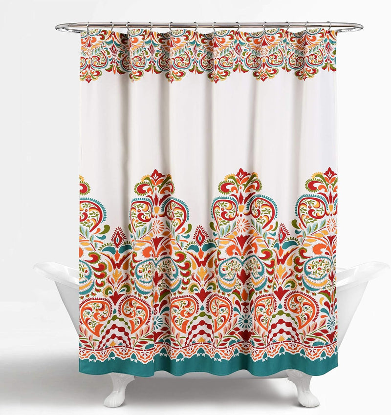 Clara Shower Curtain - Fabric Colorful Boho Paisley Damask Print Design, 72” X 72”, Turquiose & Tangerine - Puck's